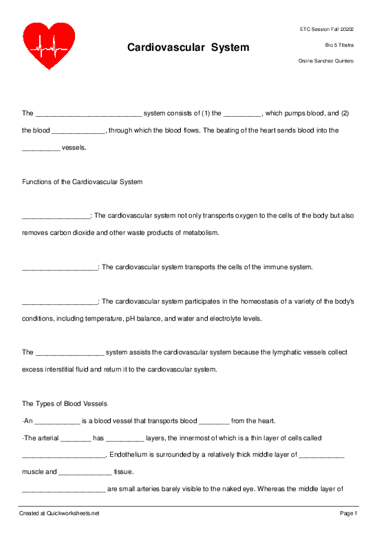 Cardiovascular System Cloze Test Worksheet Quickworksheets