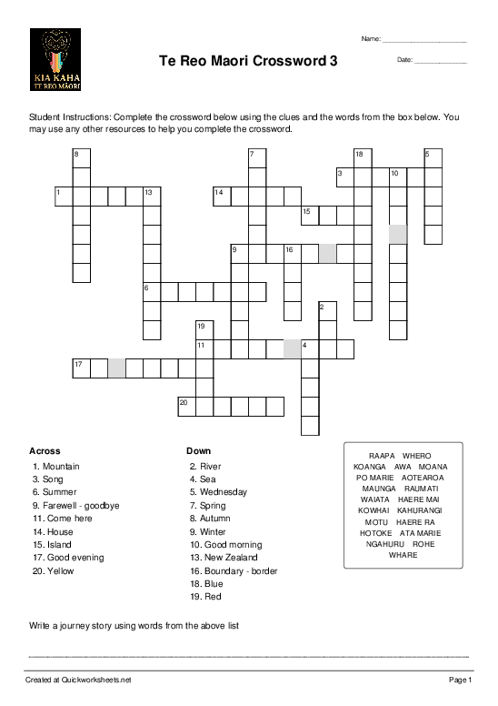 Te Reo Maori Crossword 3 Crossword Quickworksheets