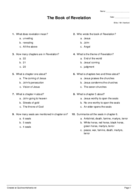 the book of revelation multiple choice worksheet