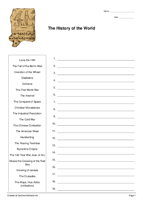 The History of the World Sort into Order Worksheet Quickworksheets