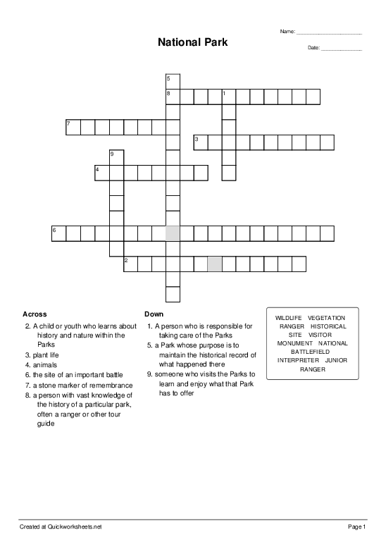 National Park Crossword Quickworksheets