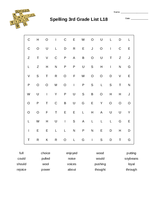 Spelling 3rd Grade List L18 - Wordsearch - Quickworksheets