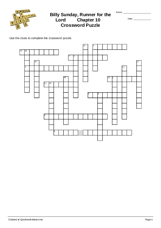 Billy Sunday Runner for the Lord Chapter 10 Crossword Puzzle