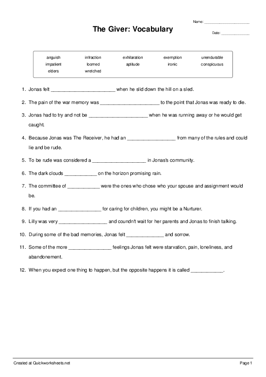 The Giver Worksheets Printable Word Searches