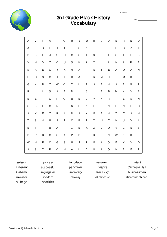 3rd Grade Black History Vocabulary Wordsearch Quickworksheets