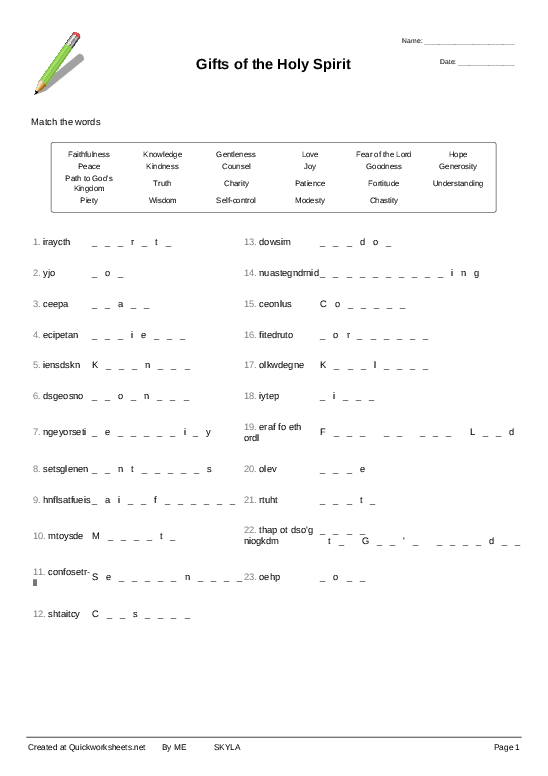 Gifts of the Holy Spirit - Word Scramble - Quickworksheets