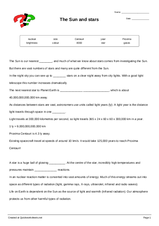 The Sun And Stars Cloze Test Worksheet Quickworksheets