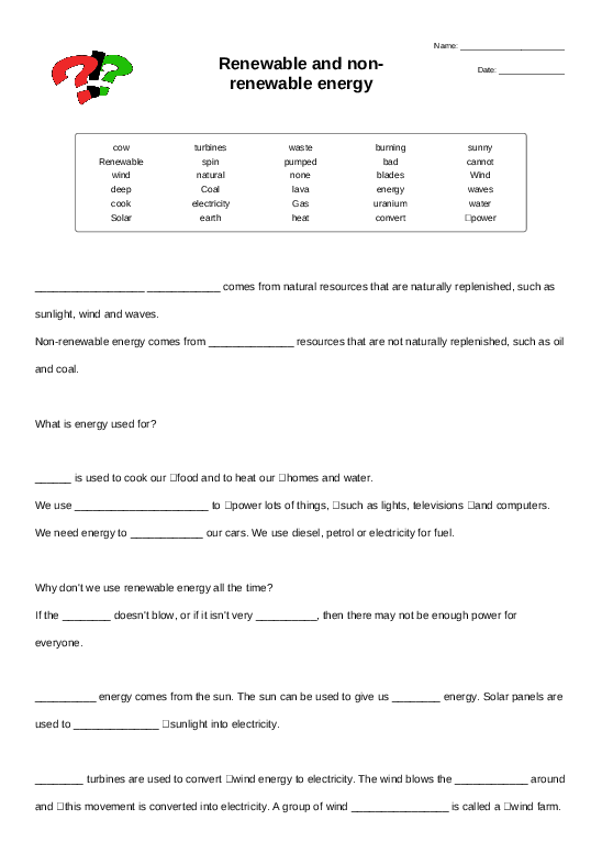 Renewable And Non renewable Energy Cloze Test Worksheet Quickworksheets