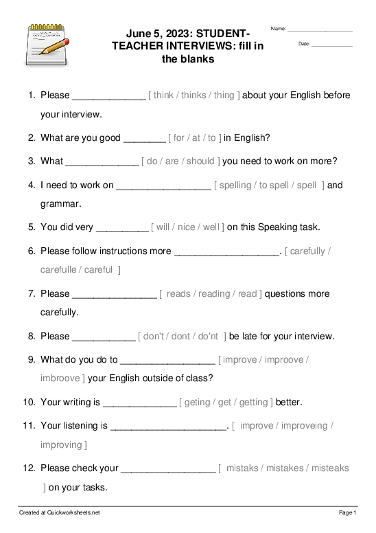 June 5, 2023: STUDENT-TEACHER INTERVIEWS: fill in the blanks - Fill-in-the- Blank Sentences Worksheet - Quickworksheets
