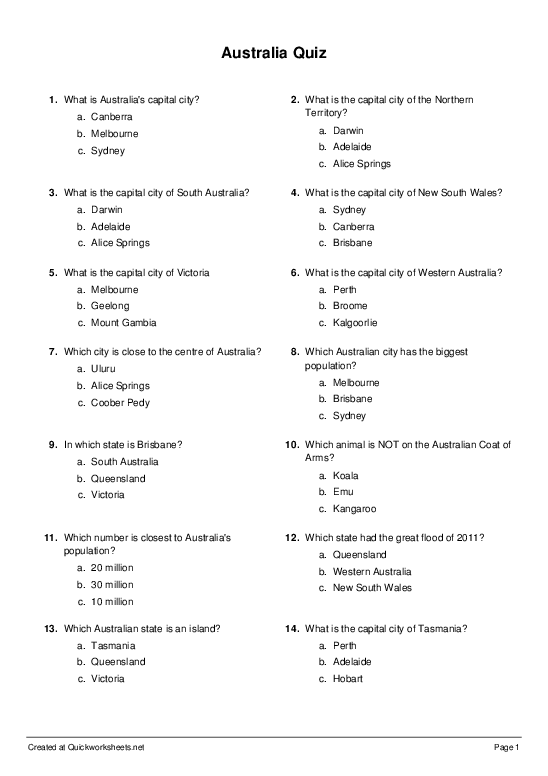 Australia Quiz - Multiple Choice Worksheet - Quickworksheets