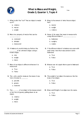 what is mass and weight grade 3 quarter 1 topic 4 multiple choice worksheet quickworksheets