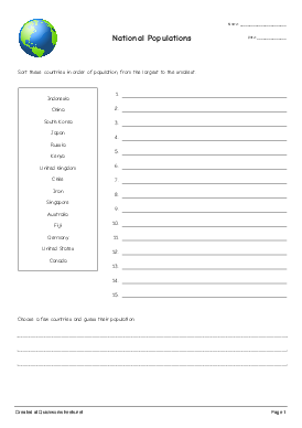 National Populations - Sort into Order Worksheet - Quickworksheets