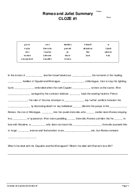 Romeo And Juliet Summary As Cloze Test Fill In The Gaps Format By M ...