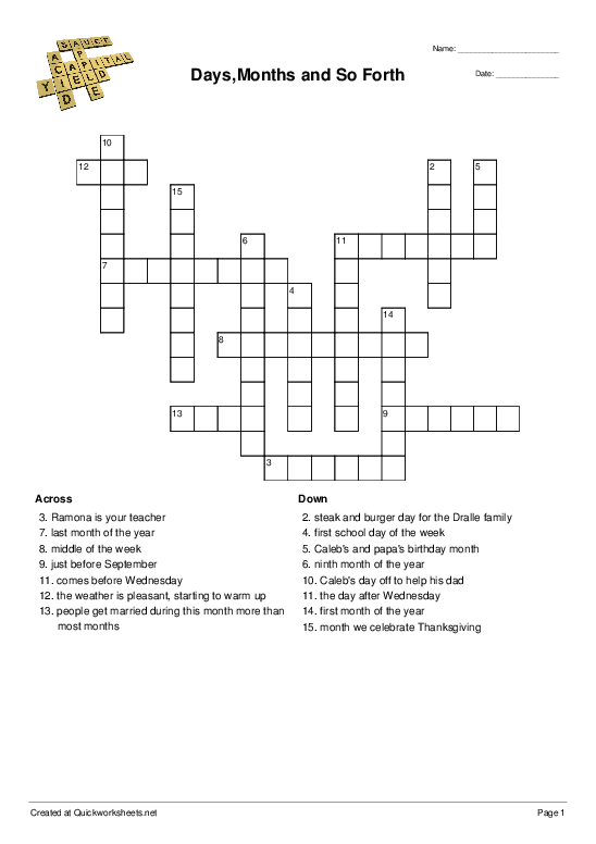 Days Months and So Forth Crossword Quickworksheets