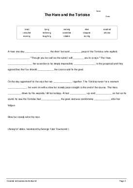 The Hare and the Tortoise - Cloze Test Worksheet - Quickworksheets