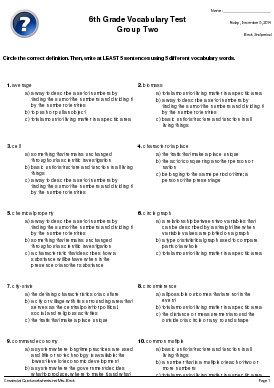 6th Grade Vocabulary Test Group Two Multiple Choice Worksheet Quickworksheets