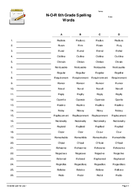 N-O-R 6th Grade Spelling Words - Spelling Test - Quickworksheets