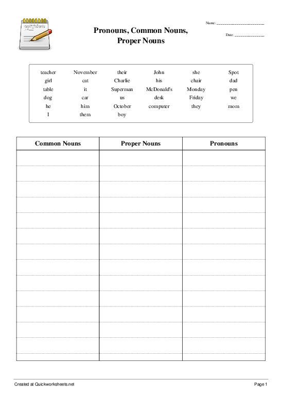 common noun worksheet