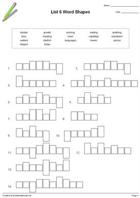 List 6 Word Shapes Word Shape Worksheet Quickworksheets