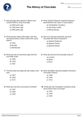 The History of Chocolate Multiple Choice Worksheet Quickworksheets