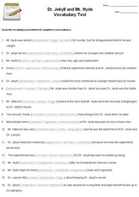 Dr. Jekyll and Mr. Hyde Vocabulary Test - Fill-in-the-Blank Sentences  Worksheet - Quickworksheets