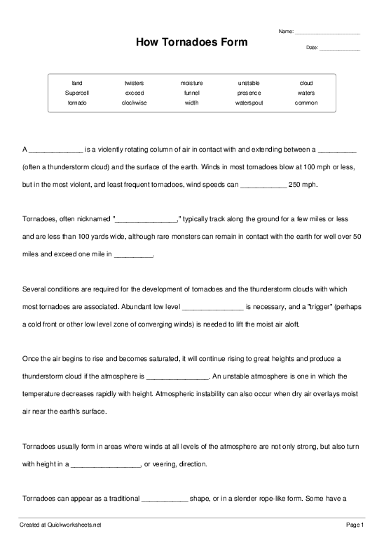 Tornado Worksheets Tornadoes And Tornado Alley Reading And Activity