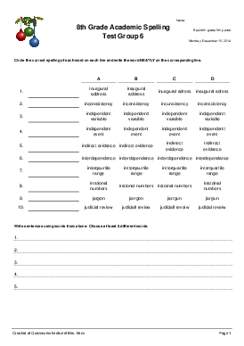 8th Grade Academic Spelling Test Group 6 - Spelling Test - Quickworksheets
