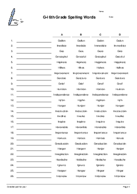 G-I 6th Grade Spelling Words - Spelling Test - Quickworksheets