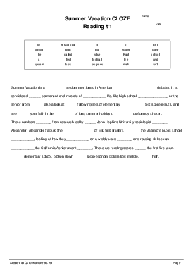 summer vacation cloze reading 1 cloze test worksheet quickworksheets