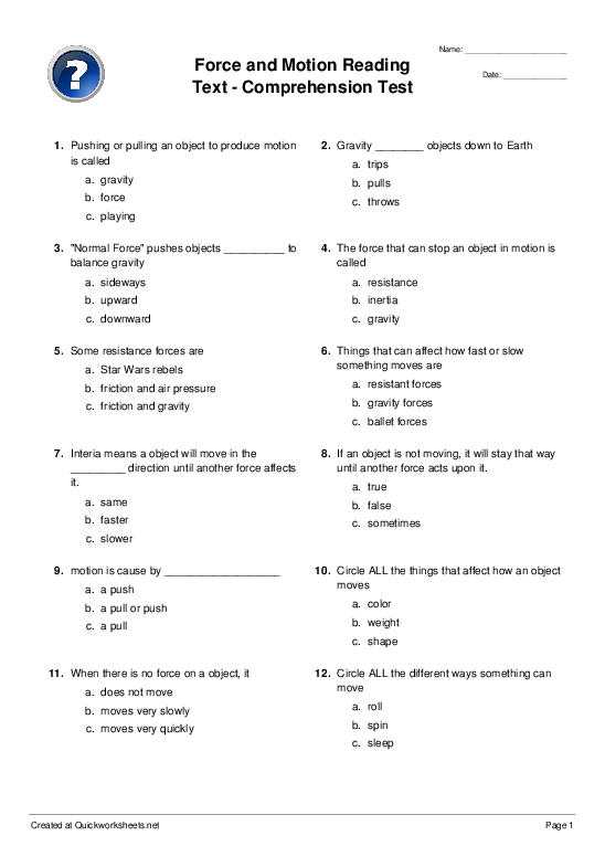 Force and Motion Reading Text - Comprehension Test - Multiple Choice