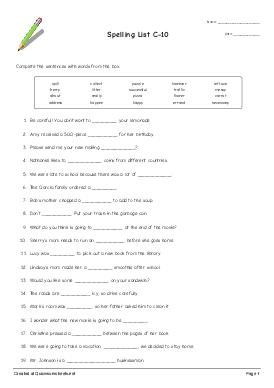 Spelling List C-10 - Fill-in-the-Blank Sentences Worksheet