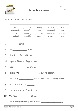 Letter to my penpal - Fill-in-the-Blank Sentences Worksheet Maker